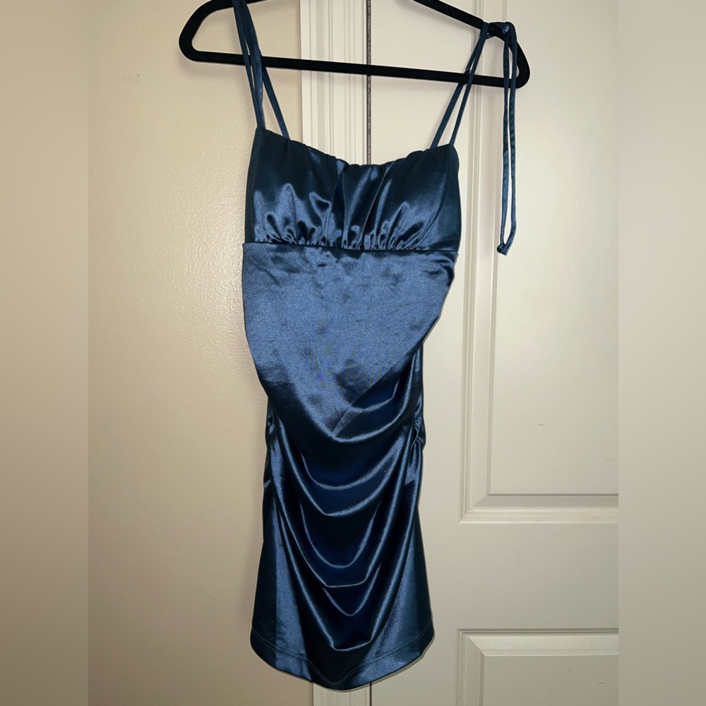 Silk, blue, padded shorts dress.